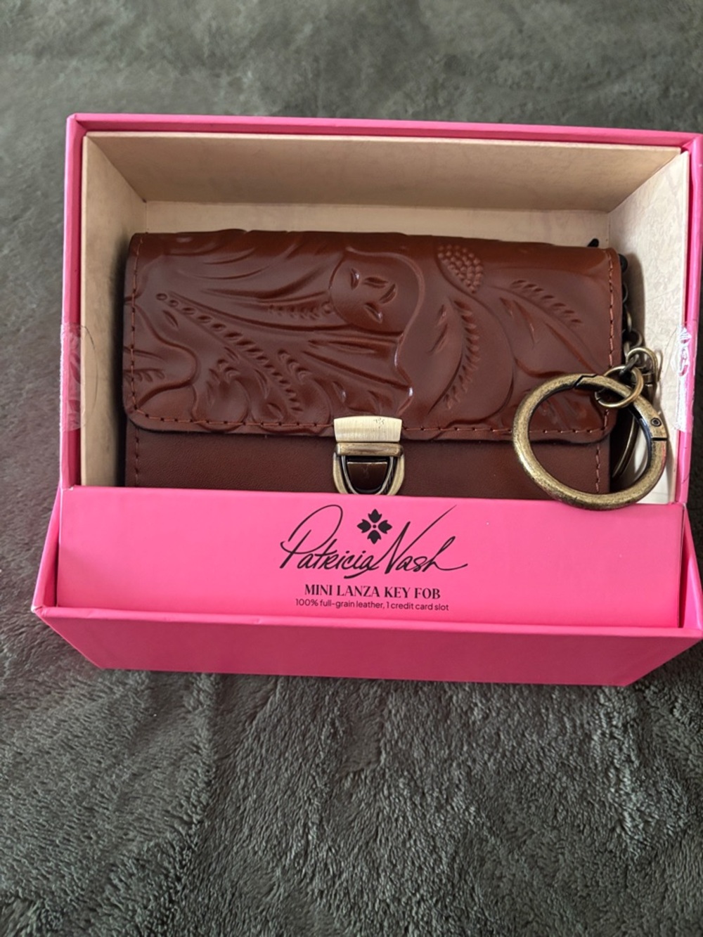 Patricia Nash Floral Embossed Leather Mini Key Fob - Chestnut Brown